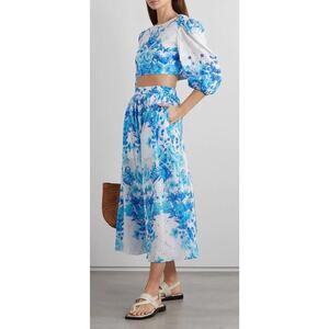 BORGO DE NOR Blue White Rhea Floral Print Broderie Anglaise Cotton Midi Skirt XS